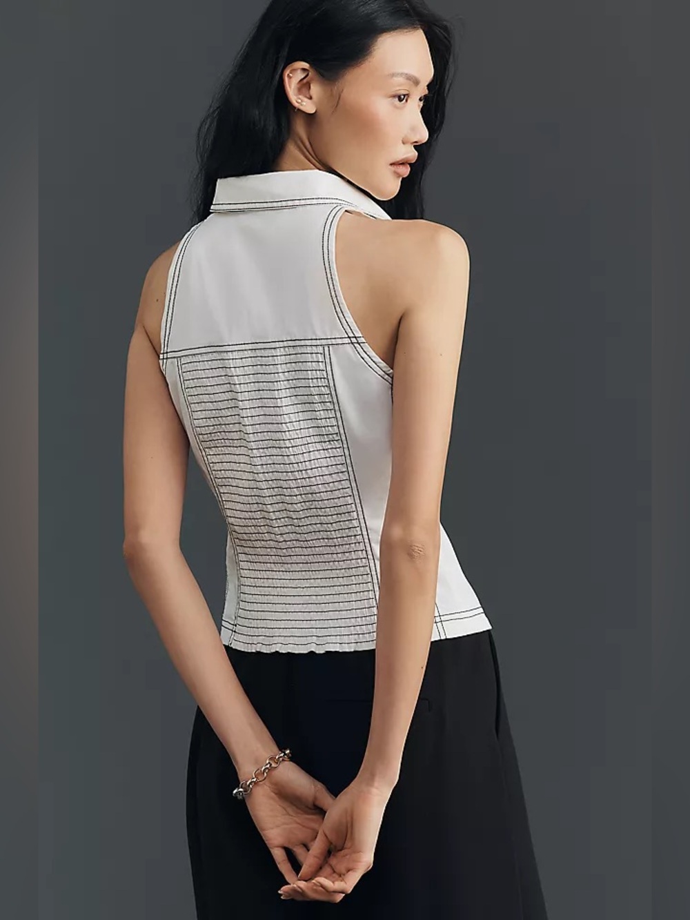 Pilcro White Halter Button-Front Top with Black Contrast Stitching - Picture 3 of 4